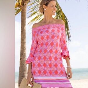 Cabana Life UPF Sun Protection Coral Geo Smocked Dress - NWT